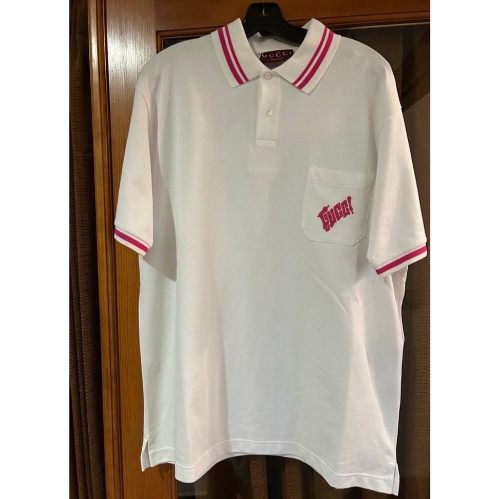 Men's Gucci polo shirt with pink embroidered logo and trim size XL made in Italy
